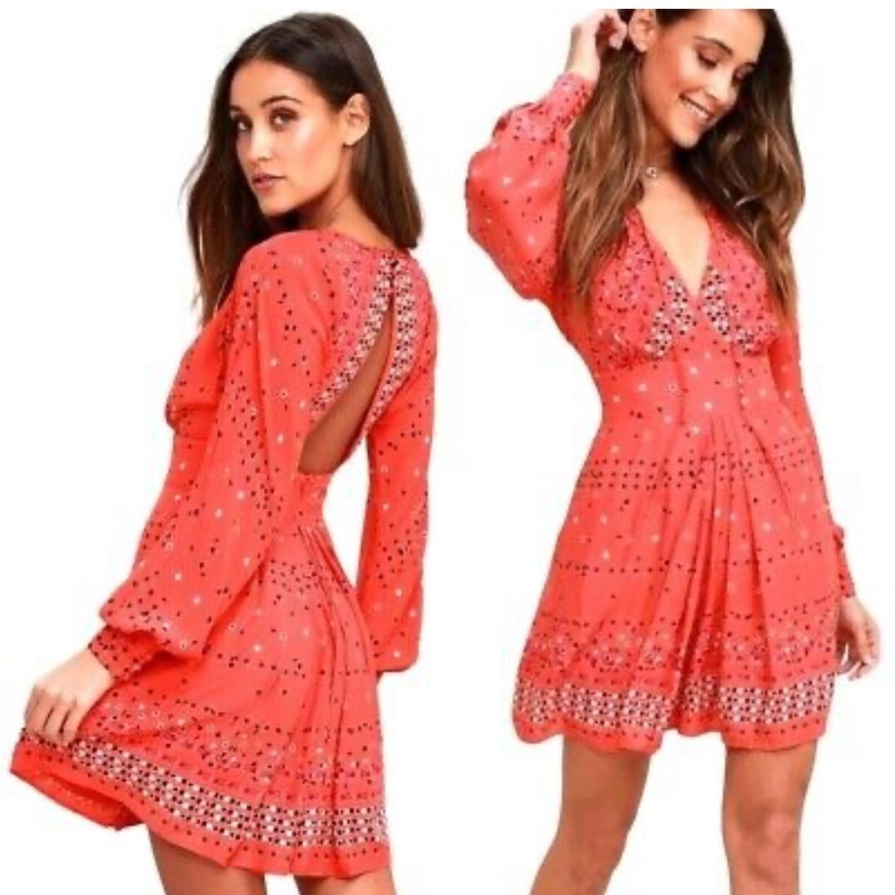 Free People Coryn Dotted Open Keyhole Back Long Sleeve Mini Dress Size 0 Boho